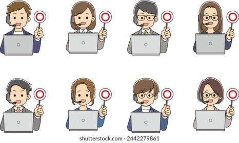 Young male and female operators using computers that display 〇 tags