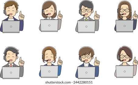 Young male and female operators using computers smiling and explaining