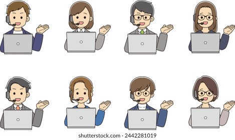 Young male and female operators using computers smiling and explaining