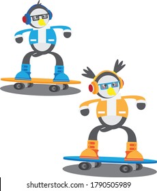 
A young male and female penguins wearing headsets are listening to music and skateboarding