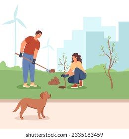 Young male and female planting tree outside. Concept of rational use of natural energy for domestic needs. Eco-technology for electricity generation. Flat vector