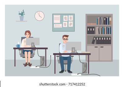 Young male and female police officers sitting at desks and investigating crimes. Policemen or cops working at computers at criminal investigation office. Flat cartoon characters. Vector illustration.