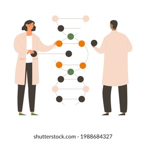 Young male and female scientists are working in research team. Man and woman in robes are studying molecules structure in laboratory. Concept of biochemistry. Flat cartoon vector illustration