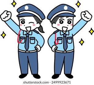 Young male and female security guards smiling and raising fists