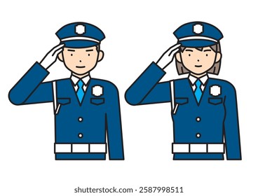 Young male and female security guards saluting