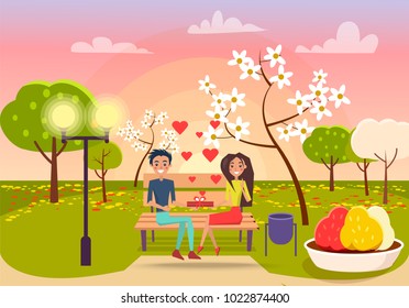 Young male and female sits on brown bench in park and holds gift in red box with bow over which many ruddy hearts vector illustration. Valentines day