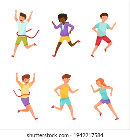 Young Male and Female in Sportswear Running in Marathon or Road Race Vector Illustration Set
