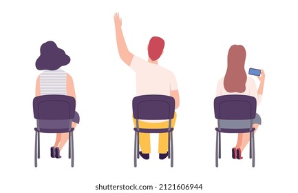Young Male and Female Student Sitting on Chair in Class Back View Vector Set