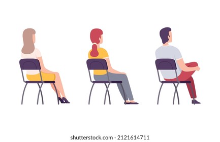 Young Male and Female Student Sitting on Chair in Class Back View Vector Set