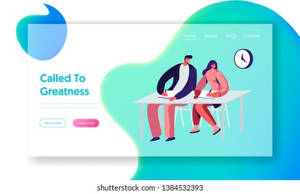 Young Male and Female Students Sitting at Desk in Classroom Writing Lecture. Gaining Knowledge, Higher Education, Examination. Website Landing Page, Web Page. Cartoon Flat Vector Illustration, Banner