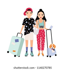 Young male and female tourists dressed in trendy clothing standing together and holding suitcases. Traveling romantic couple. Cartoon characters isolated on white background. Vector illustration