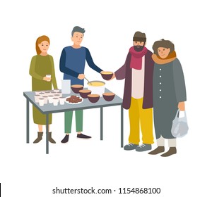 Young male and female volunteers feeding poor homeless people isolated on white background. Man and woman giving food to beggars on street. Voluntary altruistic activity. Cartoon vector illustration