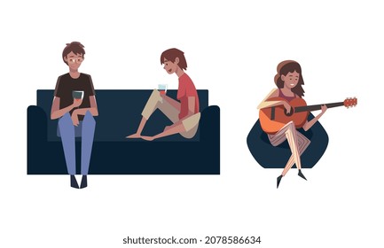 Young Male and Female with Wine Glass Drinking Alcohol on Friday Evening Vector Set