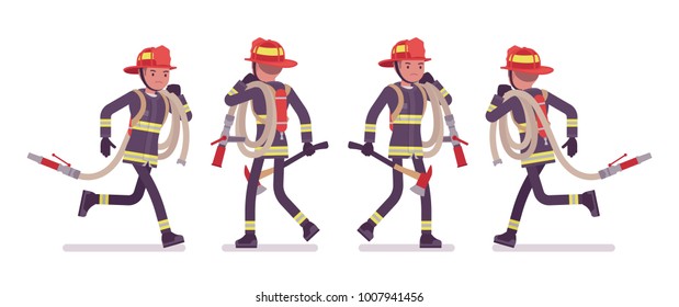 Young male firefighter running with hose. Professional fireman in uniform, fire department rescuer. Emergency services jobs concept. Vector flat style cartoon illustration isolated on white background