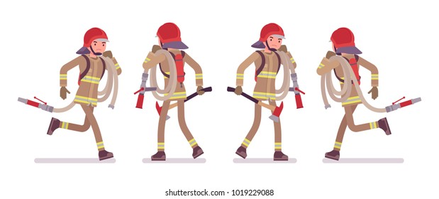 Young male firefighter running with hose. Professional fireman in uniform, fire department rescuer. Emergency services jobs concept. Vector flat style cartoon illustration isolated on white background