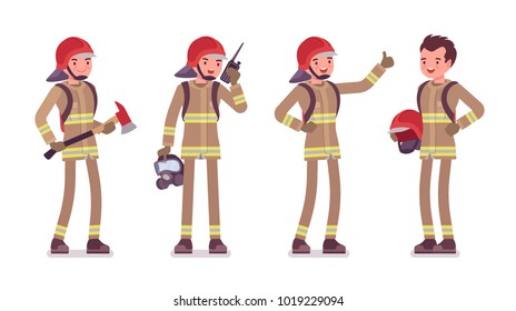 Young male firefighter standing. Professional fireman in uniform, fire department rescuer with axe. Emergency services jobs concept. Vector flat style cartoon illustration isolated on white background