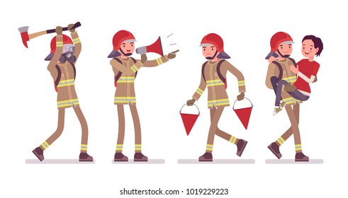 Young male firefighter at work. Professional fireman in uniform, fire department rescuer with gear. Emergency services jobs concept. Vector flat style cartoon illustration isolated on white background