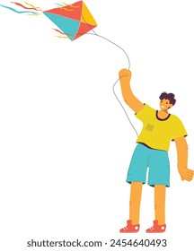 Young male flying colorful kite sky clear day. Happy cartoon character enjoying outdoor activity leisure. Casual attire kid playing wind game summer vibrant hues