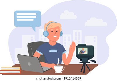 A young male freelancer records a lesson on camera, training for a blog, an online school, a channel, an online lesson. Vector graphics
