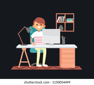 Young male freelancer is working on a computer, sitting at the table. Artist, designer, freelancer, student. Startup business. Vector illustration. Flat 