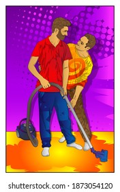 Young Male Gay Couple Cleaning The Floor At Home Using Vacuum Cleaner. Comic Book Style Illustration With Vibrant Colors.