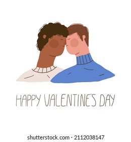 Young male gay couple in love. Two kissing men. Flat hand drawn vector illustration for valentines day cards, postcards, posters.