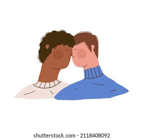 Young male gay couple in love. Two happy kissing men. Flat hand drawn vector illustration.