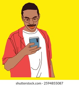 A young male going through his cell phone