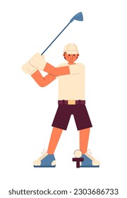Young male golfer playing golf semi flat colorful vector character. Golf country club. Golfer in action. Editable full body person on white. Simple cartoon spot illustration for web graphic design