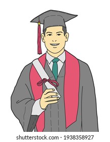 Young male graduate feeling happy and proud to receive his university diploma, hand drawn style vector design illustrations.