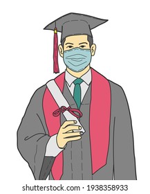 Young male graduate feeling happy and proud to receive his university diploma, hand drawn style vector design illustrations.