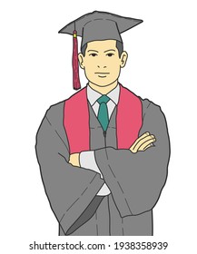 Young male graduate feeling happy and proud to receive his university diploma, hand drawn style vector design illustrations.