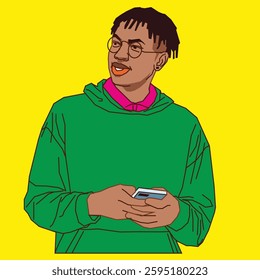 A Young male with green hoodie and dreadlock hair holding a cell phone