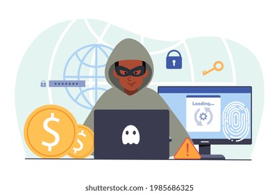 Un joven hacker está atacando cibernéticamente a una computadora robando datos personales. Concepto de hackers y ciberdelincuentes robando correo electrónico privado, credenciales, contraseña. Ilustración vectorial de dibujos animados planos
