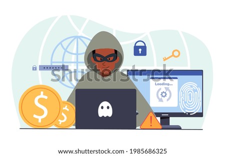 Young male hacker is cyber attacking computer stealing personal data. Concept of hackers and cyber criminals stealing private email, credentials, password. Flat cartoon vector illustration