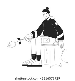 Young male hiker holding marshmallow stick flat line black white vector character. Editable outline full body person. Camping trip simple cartoon isolated spot illustration for web graphic design