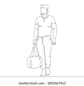 Young male hipster tourist in trendy clothes with a bag of luggage. One continuous drawing line, logo single hand drawn art doodle isolated minimal illustration.