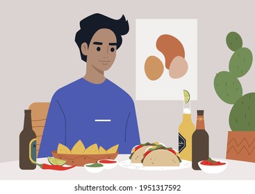 A young male Hispanic character having dinner in a Mexican restaurant with traditional food