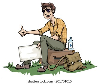 Young male hitchhiking, vector illustration