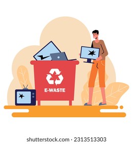 Young male holding broken TV screen and standing near container for technological products recycling. Wise waste management concept. Flat vector illustration in orange colors