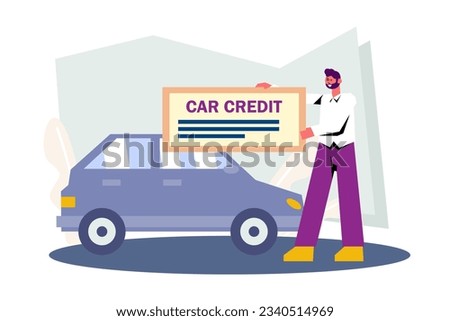 Young male holding check with car credit. Bank loan to buy valuables concept. Get fast money concept. Bank-provided funding for credit and loan. Flat vector illustration in blue colors