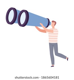Young Male Holding Huge Binocular Searching and Investigating Vector Illustration