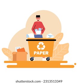 Young male holding paper, standing near container of recycling and throw out trash. Health and green environment, eco lifestyle. Colorful flat vector illustration in orange colors