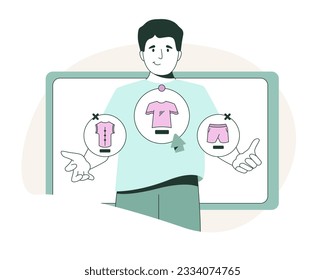 Young male holding tablet and making choice of clothes. Young people doing online shopping concept. Modern shopping via gadgets. Flat vector illustration in blue and pink colors