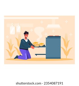 Young male holding tray with pieces of bread and putting it in oven. Process of homemade bread from cornmeal. Colorful vector illustration in blue and yellow colors