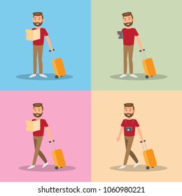 Young male holding world map and luggage. Traveler man Character watching smartphone, camera, walking. Travel and holiday concept. Vector illustration.