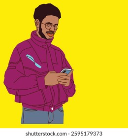 A young male with hoodie going through his mobile phone