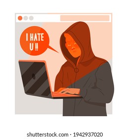 Young Male in Hoody at Laptop Writing Negative Comment Engaged in Cyberbullying Vector Illustration