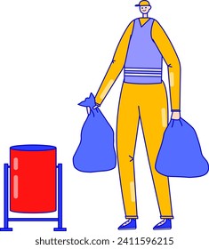 Young male janitor in uniform holding trash bags near bin. Cartoon cleaner employee with garbage, cleaning services vector illustration.