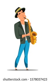 Young male jazz saxophonist in suit and hat isolated on white. Talented musician performance. Saxophone player cartoon character. Man playing musical instrument. Vector flat illustration